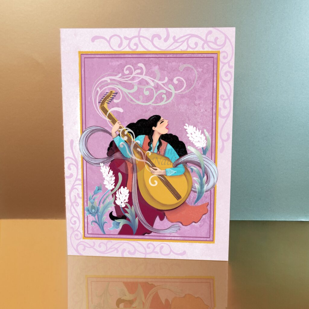 A Pink Greeting Card for Nowruz, showing a girl dressed in Persian traditional clothes playing lute and singing along.